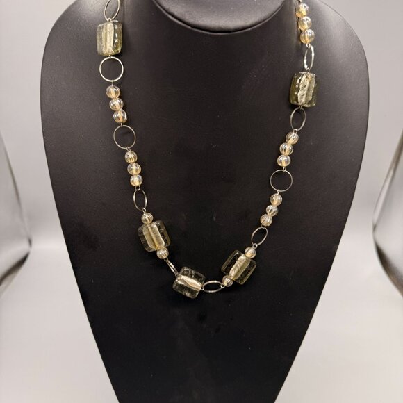 Glass Beaded Clear Fused Square Chunky Beads Necklace Gold Tone - Picture 2 of 5